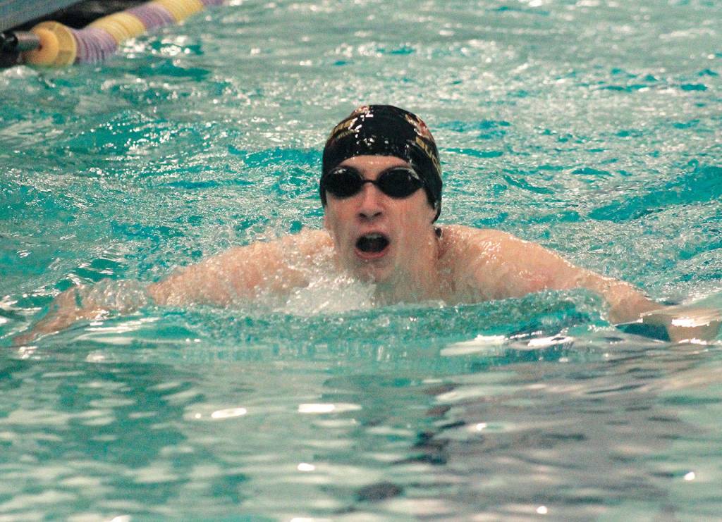 Duncan Platz swims in the 200-yard individual medley, in which he took third with a 2:16.92 mark. (Mark Krulish/Kitsap News Group)