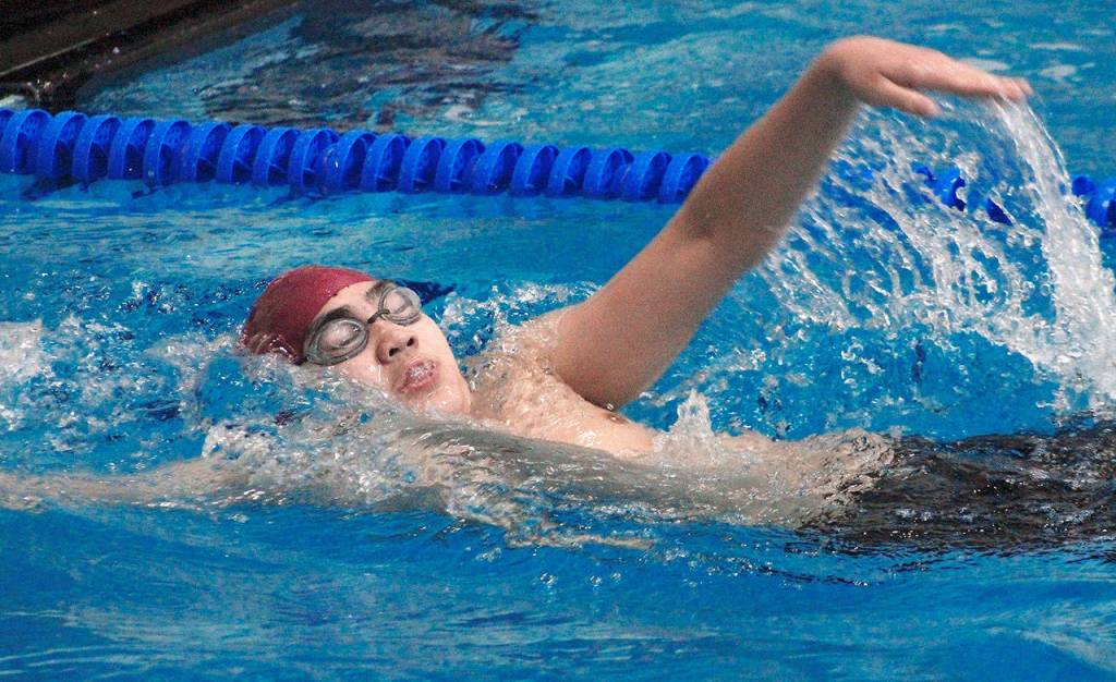 Alex Delacruz of South Kitsap heads towards the wall for his next stroke in the 200-yard individual medley race. (Mark Krulish/Kitsap News Group)