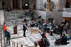 Rep. Matt Shea, R-Spokane addresses about three dozen people who drove from the east side of the Cascades to rally for gun rights and for their own state. Shea proposes legislation to form a 51st state on the east side of Washington. Photo by Sean Harding, <em>WNPA Olympia News Bureau</em>