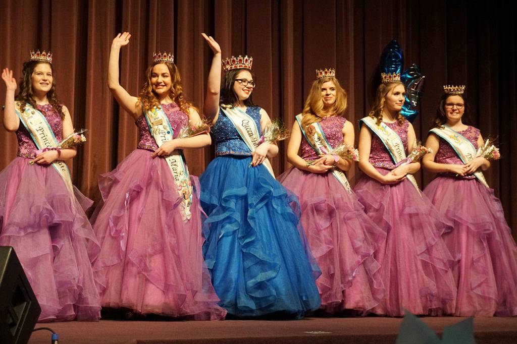 The outgoing 2018 Fathoms O Fun Royalty Court: Princess Kate Thompson; Princess Maria Hoyt; Queen Tamara Medal; Princess Paige Hofsommer; Junior Princess Danyelle Wilcox; and Duchess Veronica Mihai. (Bob Smith | Kitsap Daily News)