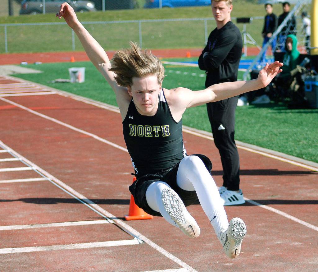Erik Burchill jumped 16 feet, two inches in the long jump competition. (Mark Krulish/Kitsap News Group)
