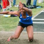 Bremertons TeCaela Wilcher sticks the landing during the long jump competition. (Mark Krulish/Kitsap News Group)