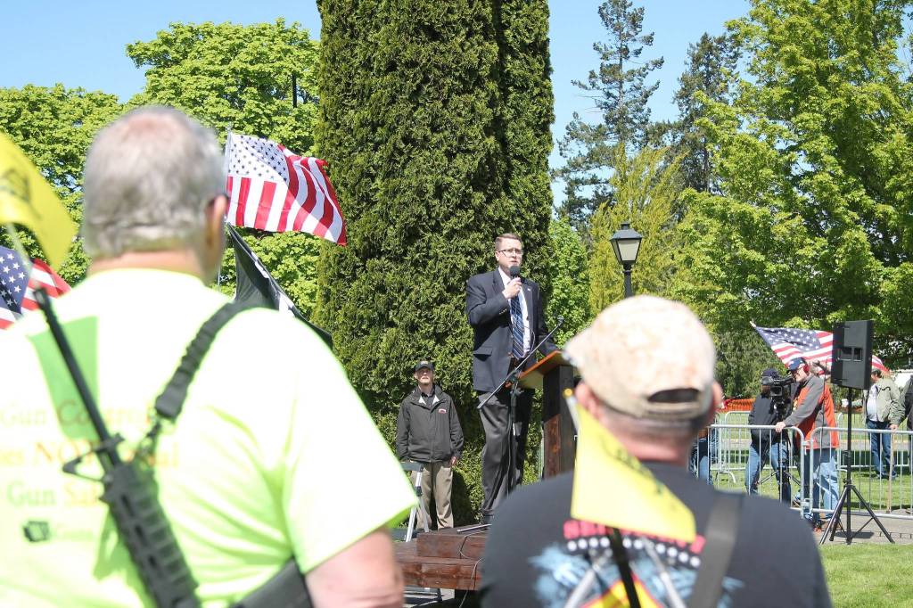 Rep. Matt Shea, R-Spokane Valley, speaks to March for Our Rights rally in Olympia on April 27.  Photo by Emma Epperly, WNPA Olympia News Bureau
