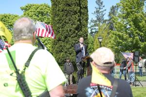 Rep. Matt Shea, R-Spokane Valley, speaks to March for Our Rights rally in Olympia on April 27.  Photo by Emma Epperly, WNPA Olympia News Bureau