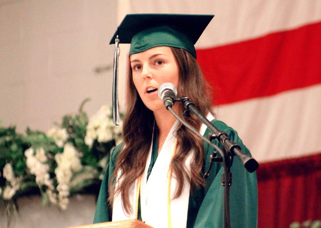 Salutatorian Kate Streck reminisces on her time at Klahowya. (Mark Krulish/Kitsap News Group)