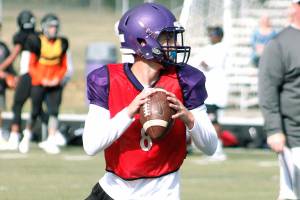 Colton Bower looks downfield for a target in Wednesdays scrimmage against Central Kitsap. (Mark Krulish/Kitsap News Group)