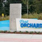 The welcoming sign to motorists coming into Port Orchard at the South Kitsap Boulevard roundabout was designed using the citys new wayfaring graphics standards. (Bob Smith | Kitsap Daily News)
