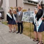 Mayor Rob Putaansuu poses with members of the Fathoms O Fun Royalty Court at the Tremont Street completion project ceremony on Friday at Bethany Lutheran Church in Port Orchard. (Bob Smith | Kitsap Daily News)