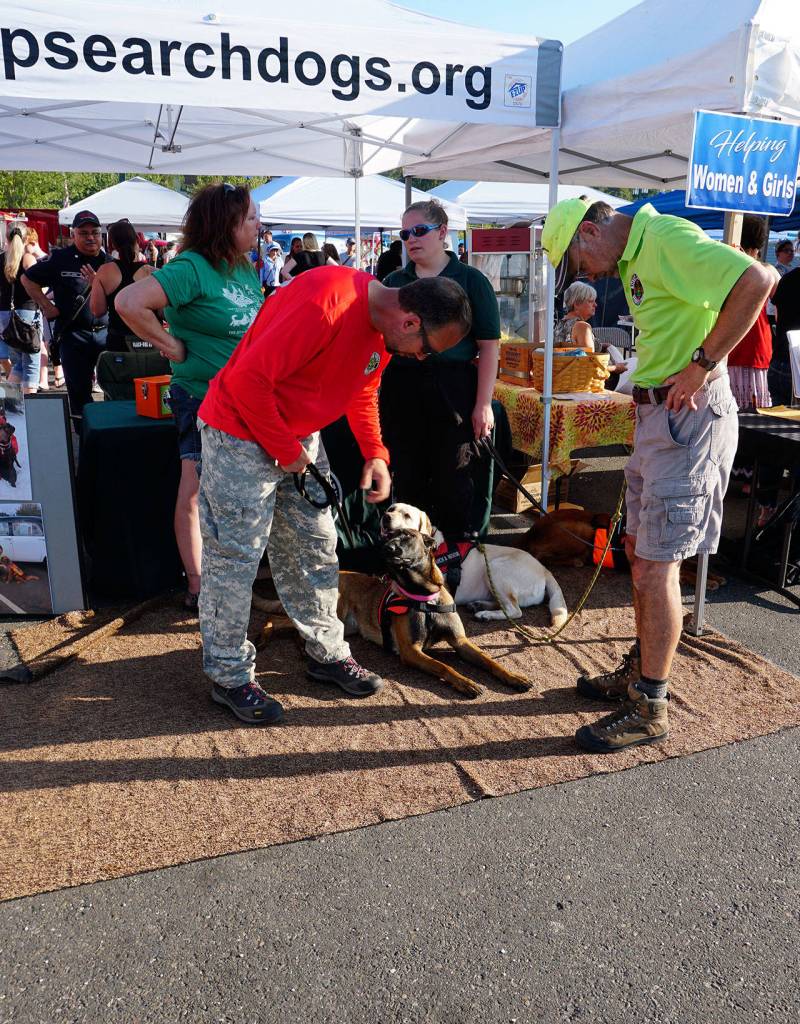 Kitsap County Search Dogs unit of professional volunteers stands alongside search canines at the National Night Out event in Port Orchard Tuesday evening. (Bob Smith | Kitsap Daily News)