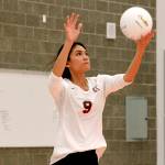 Keahi Sarono sets up a serve against the Blazers. Sarono had three services aces as well as 21 assists and four kills. (Mark Krulish/Kitsap News Group)