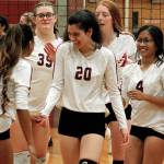 FeNani Frogge-Mendiola (20) celebrates with teammate Tiana Flores along with Anna Harvey (39), Faith Smith, Abigail Gantuangco (4) and Hailey Robinson (3). (Mark Krulish/Kitsap News Group)