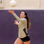 Riley Rabedeaux sets up her serve against Bremerton. (Mark Krulish/Kitsap News Group)