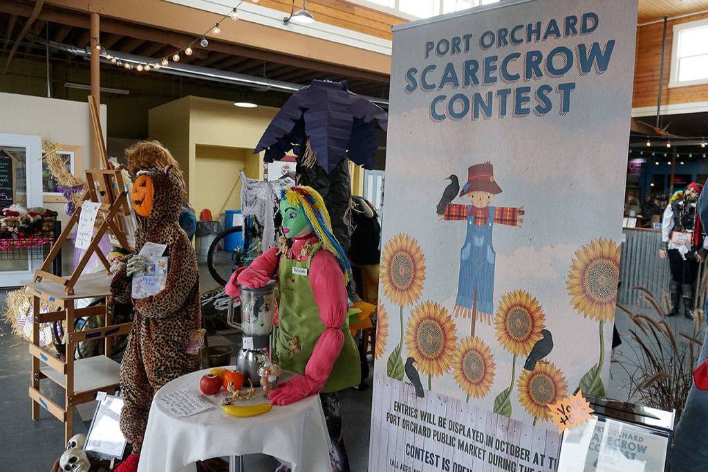 An array of colorful, odd and intermittently frightening scarecrows are on display at the Port Orchard Market on Bay Street through Nov. 3.