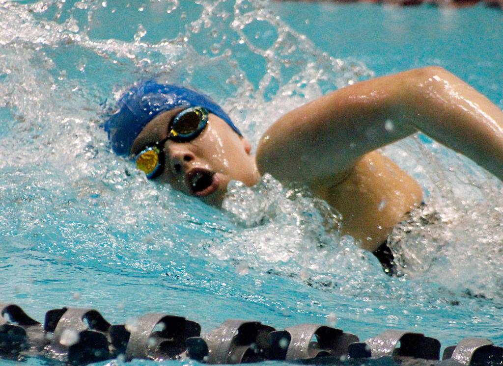 Olympic freshman Sascha Winterowd qualified for the finals in two events at the 2A state meet, the 200- and 500-yard freestyle. She placed 13th and 15th respectively. (Mark Krulish/Kitsap News Group)
