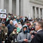 Embattled Rep. Matt Shea, R-Spokane Valley, addresses a crowd of gun rights supporters Jan. 17 at the state Capitol, promising his unwavering commitment to defend the Second Amendment. (Photo by Cameron Sheppard, WNPA News Service)