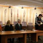 <em>Mindy Roberts, Katelyn Kinn, Bill Sherman and Leonard Forsman announce the outcome of a lawsuit filed agains the Navy for scraping ship hulls in Sinclair Inlet. </em>Ken Park /Kitsap News Group
