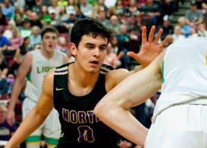 Johny Olmsted squares up to defend Lyndens Jordan Medcalf in North Kitsaps semifinal win over No. 1 Lynden. (Mark Krulish/Kitsap News Group)