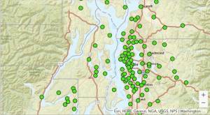A screen capture of the map available on the state Department of Commerces website showing hot spot areas in Kitsap County as well as nearby counties.
