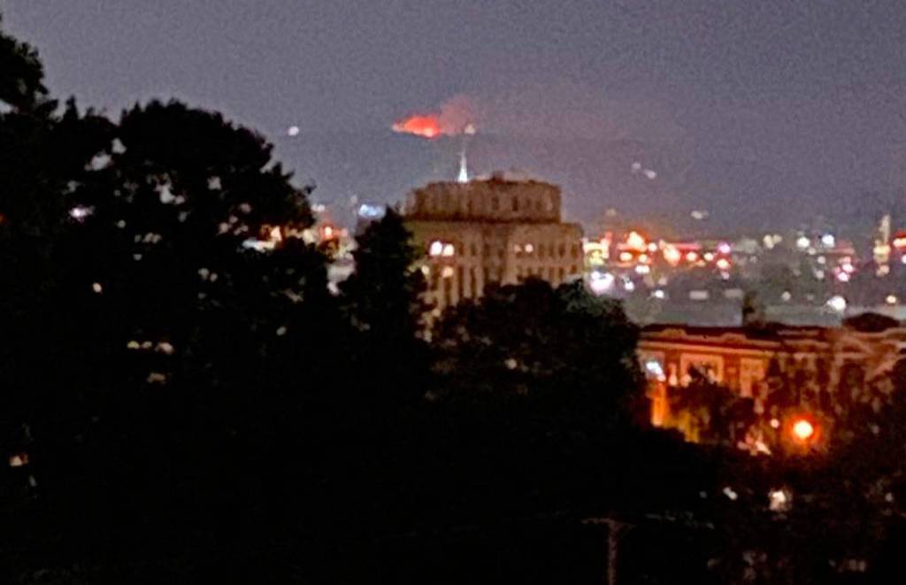 A brush fire at the extreme end of Kitsap County is visible from Tacoma General Hospital on Monday. (SKFR photo)