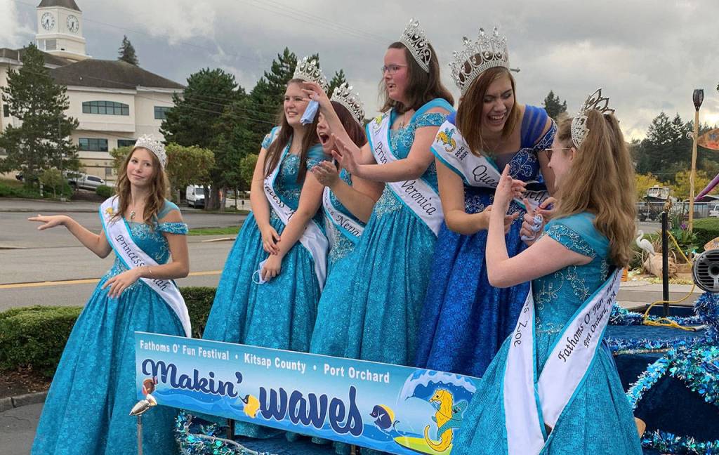 Left to right: Junior Princess Miah Strombach; Senior Princess Kate Thompson; Senior Princess Neveah Wingate; Senior Princess Veronica Mihai; Queen Danyelle Wilcox; and Duchess Zoe Hauenstein. (Bob Smith | Kitsap Daily News)