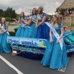 Left to right: Junior Princess Miah Strombach; Senior Princess Kate Thompson; Senior Princess Neveah Wingate; Senior Princess Veronica Mihai; Queen Danyelle Wilcox; and Duchess Zoe Hauenstein. (Bob Smith | Kitsap Daily News)