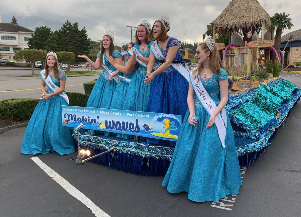 Left to right: Junior Princess Miah Strombach; Senior Princess Kate Thompson; Senior Princess Neveah Wingate; Senior Princess Veronica Mihai; Queen Danyelle Wilcox; and Duchess Zoe Hauenstein. (Bob Smith | Kitsap Daily News)