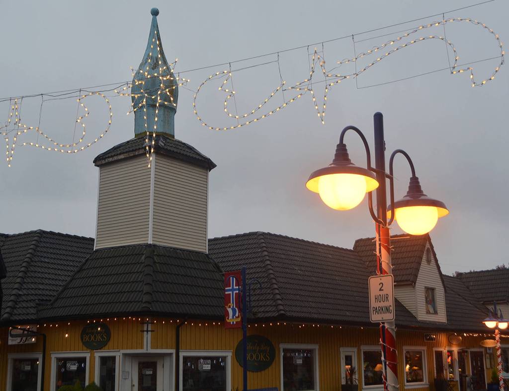 Front Street lights up at night.