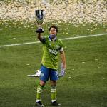 Sounders captain Nicolas Lodeiro celebrates as his team advanced to the MLS Cup for the fourth time in franchise history. (Mike Fiechtner/Sounders FC Communications)