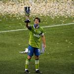 Sounders captain Nicolas Lodeiro celebrates as his team advanced to the MLS Cup for the fourth time in franchise history. (Mike Fiechtner/Sounders FC Communications)