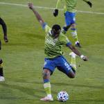 Seattle defender Nouhou lines up a shot on goal. (Mike Fiechtner/Sounders FC Communications)