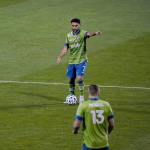 Cristian Roldan directs traffic during the MLS Cup. (Mike Fiechtner/Sounders FC Communications)
