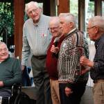 Members of Bainbridges 1948 state championship basketball team reminisce about their memorable season as they were inducted to the Kitsap Sports Hall of Fame in January. From left to right: Bob Olsen, Bob Woodman, Sam Clarke, Ray Lowrie and Jim Nadeau. (Mark Krulish/Review file photo)