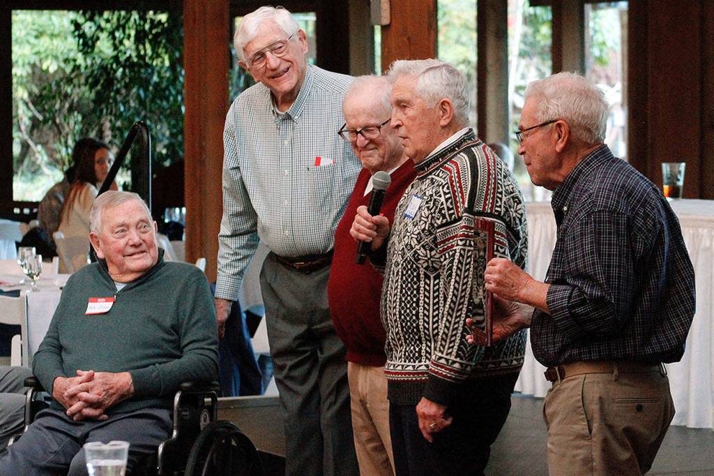 Members of Bainbridges 1948 state championship basketball team reminisce about their memorable season as they were inducted to the Kitsap Sports Hall of Fame in January. From left to right: Bob Olsen, Bob Woodman, Sam Clarke, Ray Lowrie and Jim Nadeau. (Mark Krulish/Review file photo)