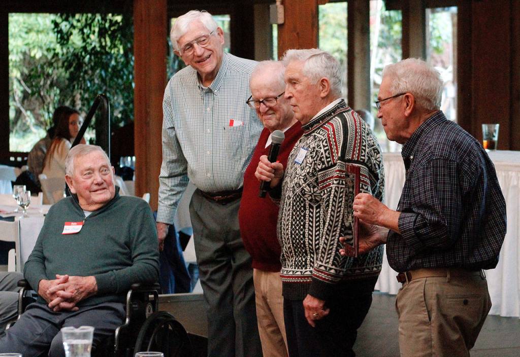 Members of Bainbridges 1948 state championship basketball team reminisce about their memorable season as they were inducted to the Kitsap Sports Hall of Fame in January. From left to right: Bob Olsen, Bob Woodman, Sam Clarke, Ray Lowrie and Jim Nadeau. (Mark Krulish/Review file photo)