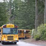 Buses arrive at Vinland Elementary to drop off kids for the afternoon session of hybrid learning. Ken Park/North Kitsap Herald photos