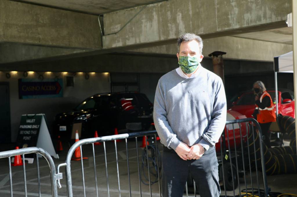 Suqamish Tribal Chairman Leonard Forsman was on site at the Clearwater Casino parkign garage, where volunteers from the tribe distributed vaccines to teachers in the North Kitsap School District.(KPark).