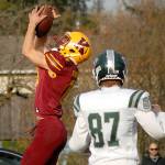 Keith Thorpe/Peninsula News Group
Kingston's Kyler Coe-yarr pulls down an interception from a pass intended for Port Angeles' Cyras Mills in the closing moments of the first half on Saturday in Port Angeles.