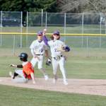 Jaxson Gore (22) makes the throw to complete the double play against Central Kitsap. (Mark Krulish/Kitsap News Group)