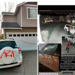 Security camera footage captured a possible suspect involved in an alleged act of property damage and graffiti at a residence on Caleb Place Southeast in Port Orchard March 31. Photos were taken afterward showing spray-paint damage on a vehicle at the residence. Port Orchard Police Department is investigating the incident as a possible act of hate directed against Asian Americans. (Facebook image)