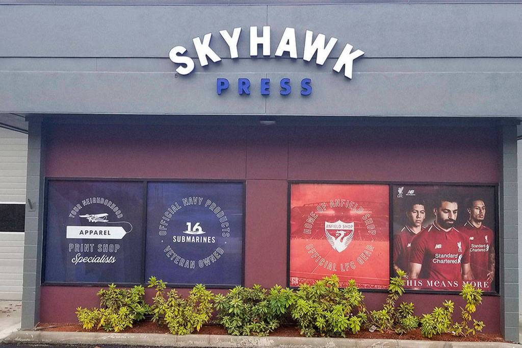 Skyhawk Press of Poulsbo recouped a portion of its graphic design business by reaching out to the local community and printing localized messages for its customers. (Facebook image)