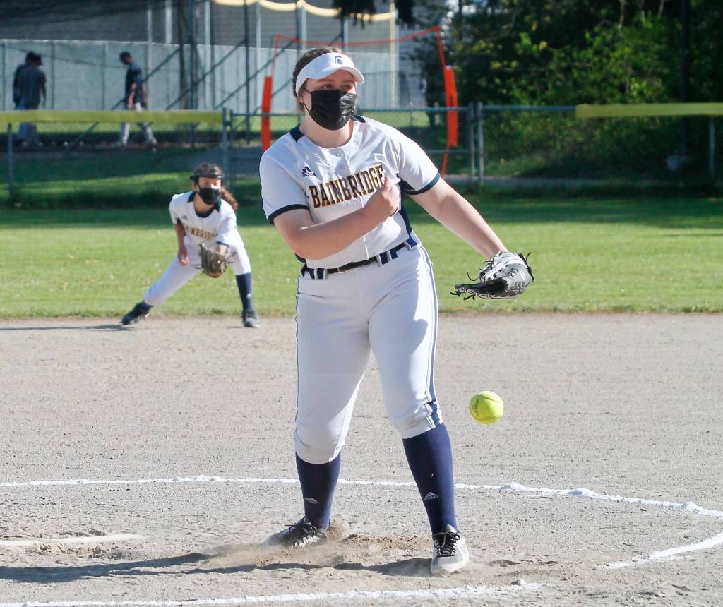 Miranda Grogger pitched all seven innings for Bainbridge against Olympic and gave up just three earned runs. (Mark Krulish/Kitsap News Group)
