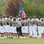 The team sports their specially-made jerseys for their Tribute to the Troops game during a pregame ceremony. (Mark Krulish/Kitsap News Group)