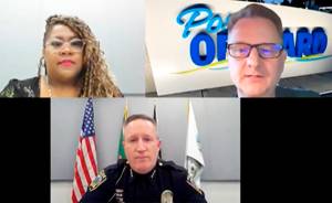 Mike De Felice | Independent<em></em>
Event facilitator Jewel Shepherd-Sampson, Mayor Robert Putaansuu and Police Chief Matt Brown during the online Chat with a Chief event.