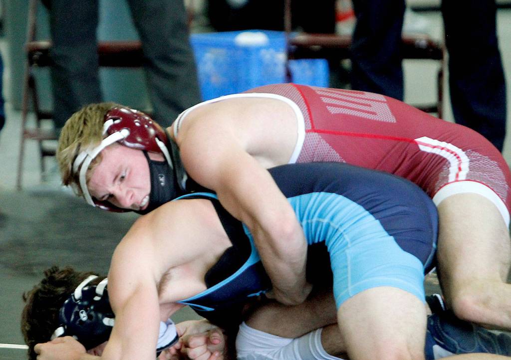 Reis Ecklund placed fifth in the 152-pound weight category of the SPSL wrestling tournament. (Mark Krulish | Kitsap Daily News)