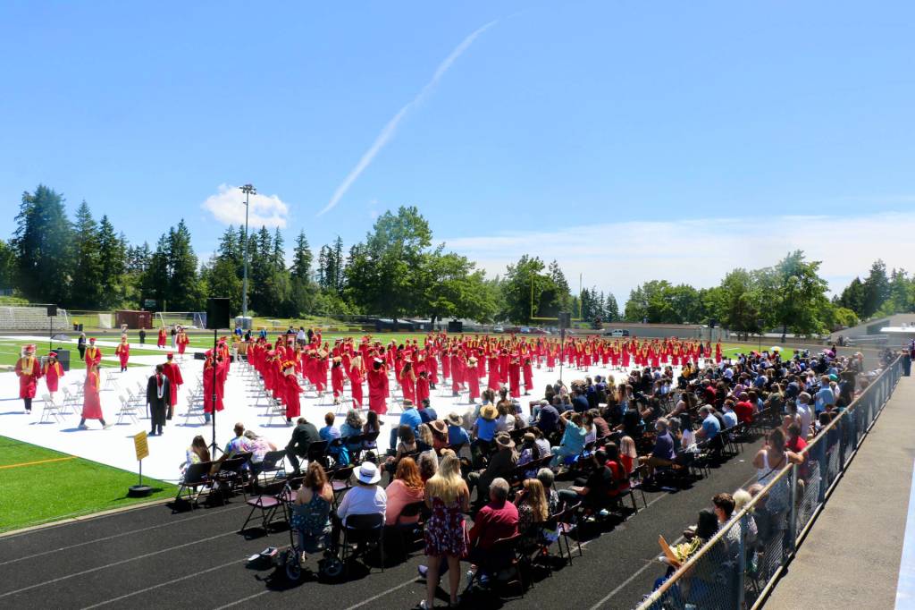 In stark contrast to the NKHS rainy Friday night graduation ceremony, Kingston High School graduation was full of blue skies and sunshine (KPark/NKH).