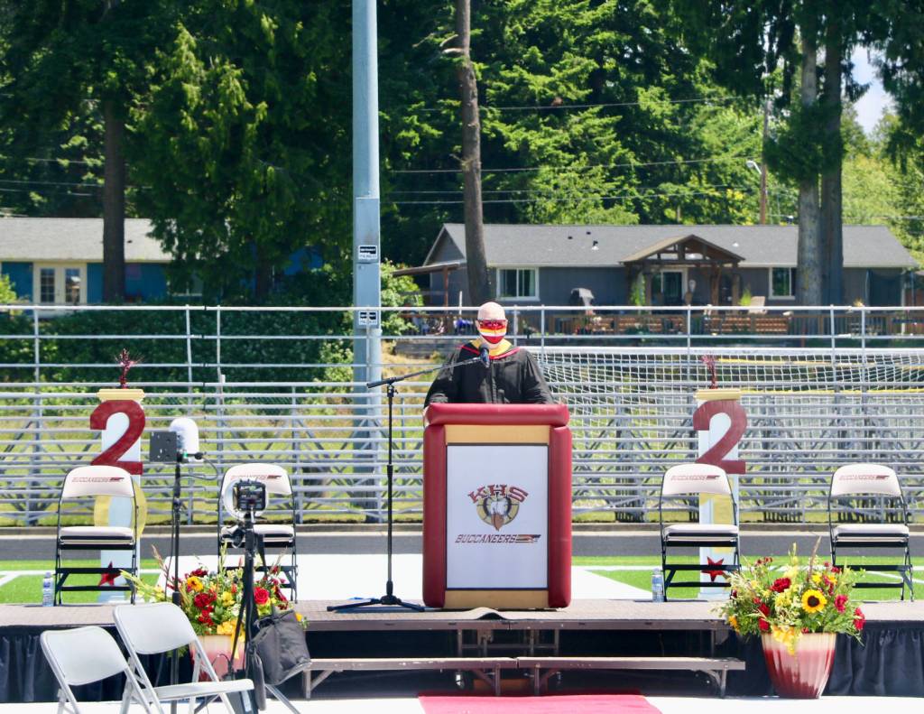 KHS athletic director Ed Call welcomes the crowd and goes over COVID-safe protocols.(KPark/NKH).