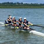 A group of BHS freshmen on the water: Adelaide Poehner, Felicity Watson, Eloise Marshall, Cara Wolf, with sophomore Norah Pearce (coxswain)
