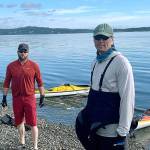 Dan Dinsmore and Matt Kress of Bainbridge at Fay Beach after completing the first leg (Kate Hough/Contributed photo)