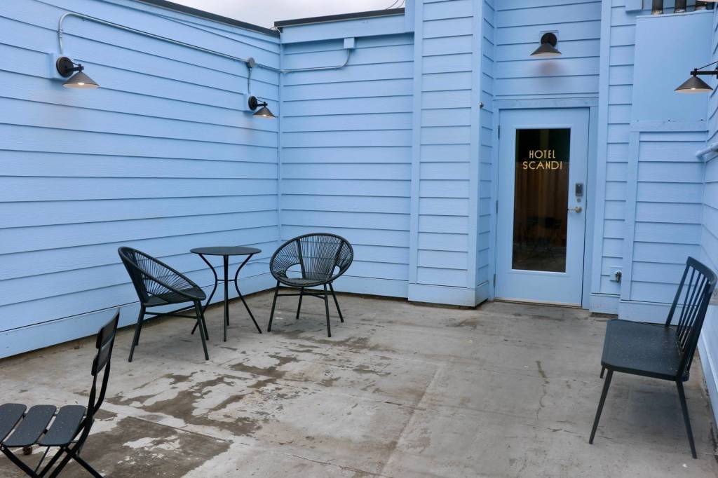 A nice patio area at one of the entrances to Hotel Scandi.