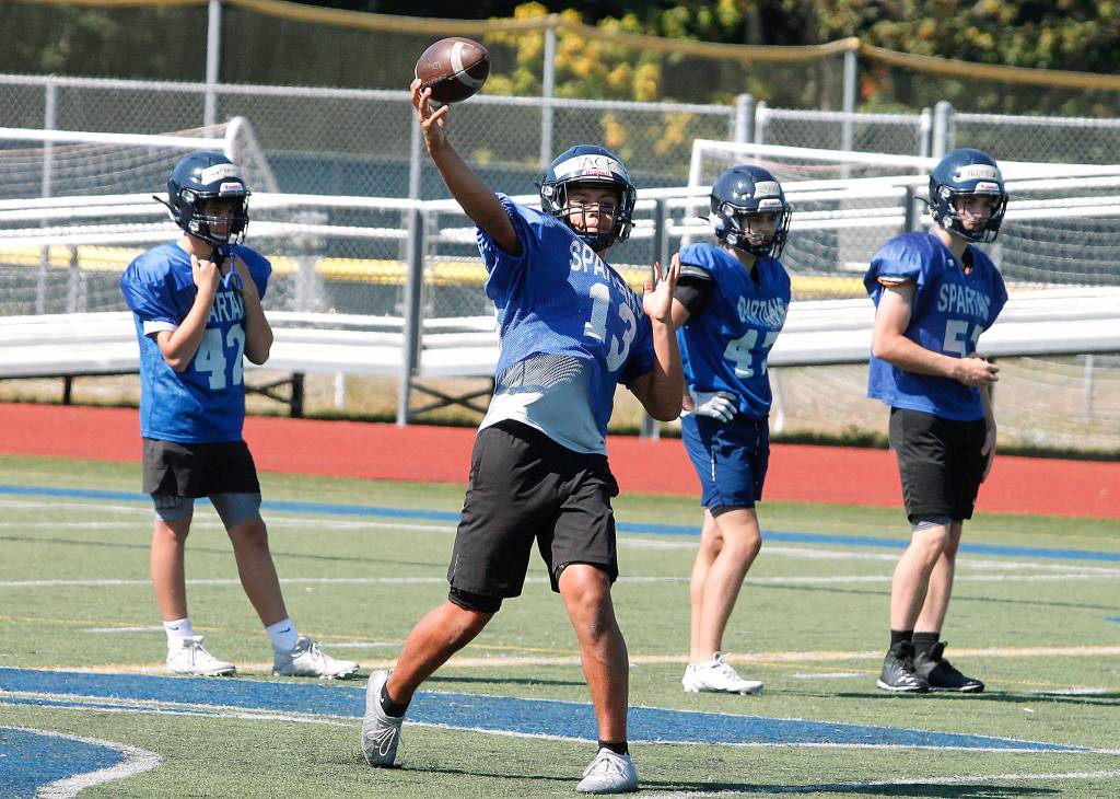 Mark Krulish | Bainbridge Island Review
Bainbridge freshman Jack Grant gets in a few reps at quarterback.
